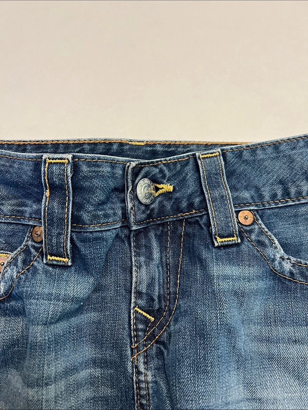TRUE RELIGION Y2K MICRO MINI 10” MANDY MADE IN USA VTG FRAYED RAW HEM LOW RISE